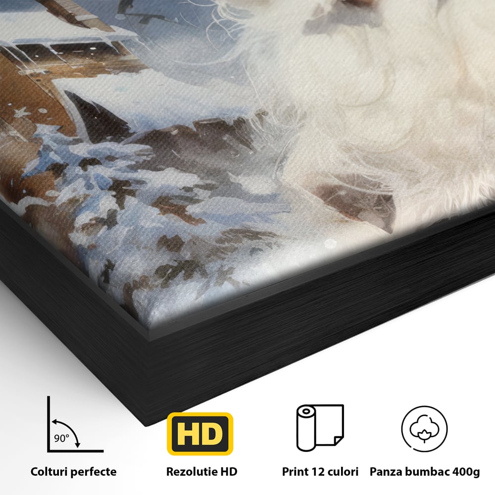 Detaliu al suprafetei: tablou canvas cu mos craciun, in rama de aluminiu negru